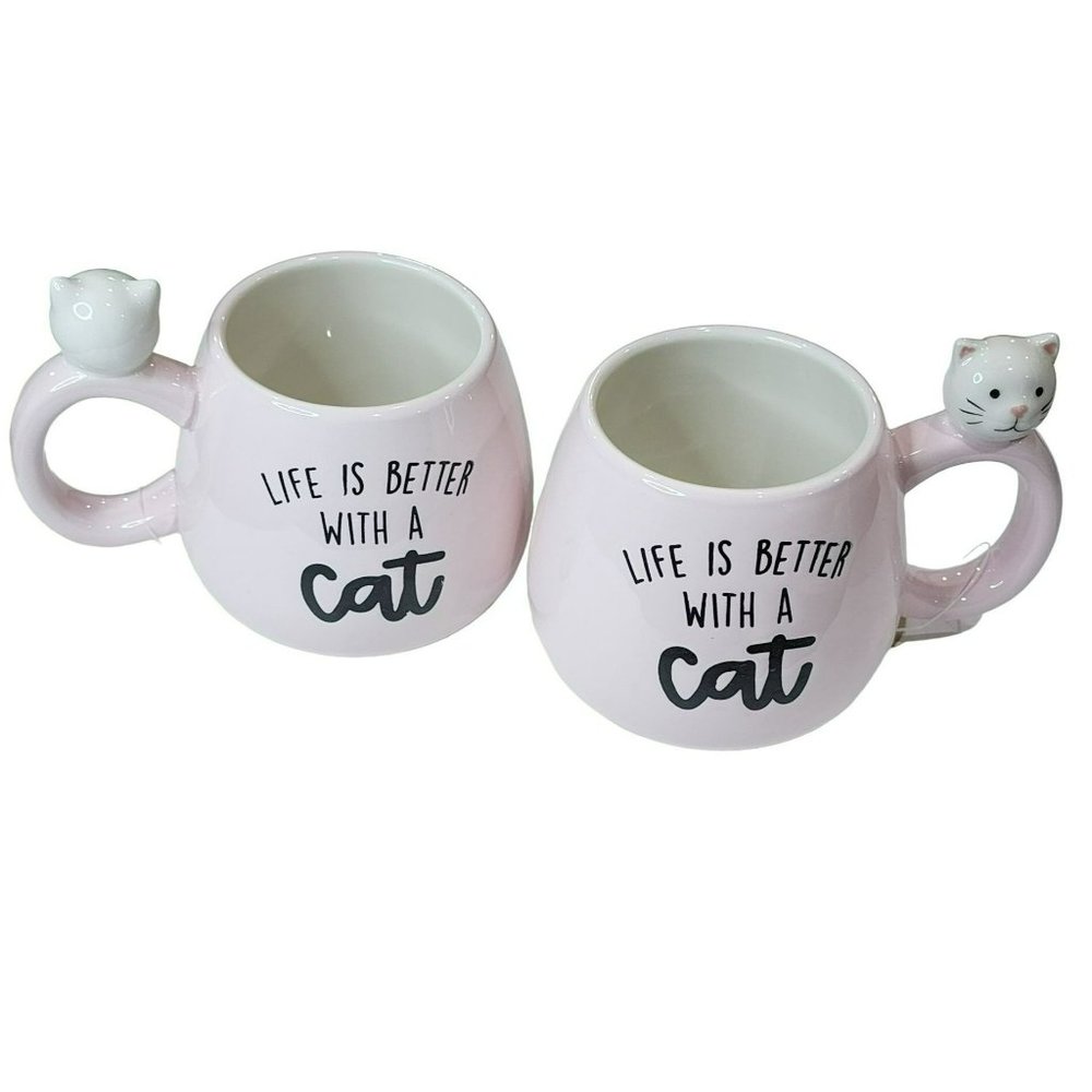Set Of 2 Kitten Figurine Pink Ceramic Coffee Mug 16Oz Life Is Better‎ With a Cat